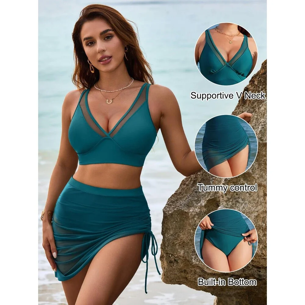 Blooming Women's Blue Green Jelly Swim Skirt High Waisted Bikini Sets Tummy L